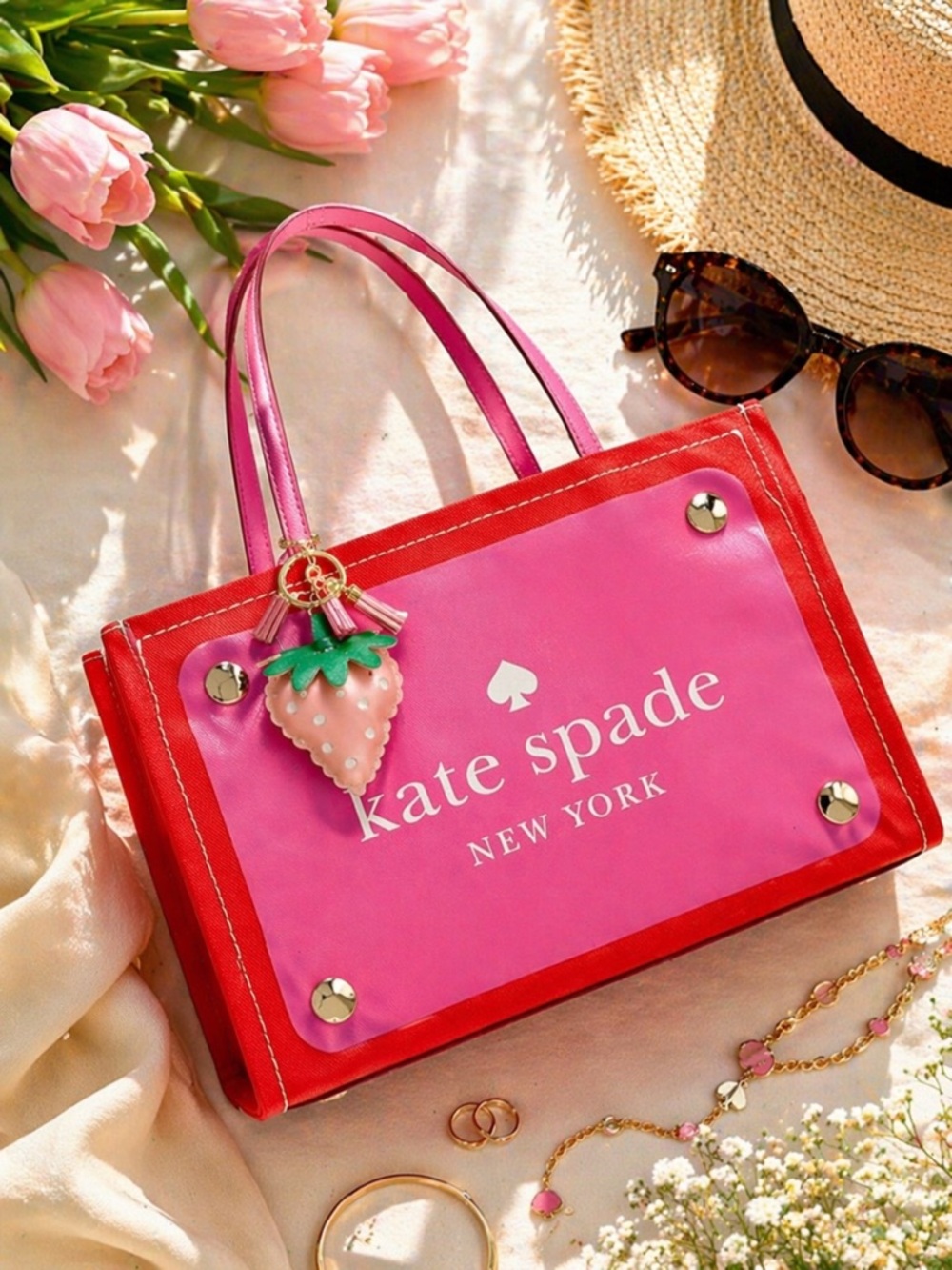 KATE SPADE Bag Knit TOTE NEW in Pink & Red Preppy Silver Buttons 15" x 9" - Picture 3 of 11